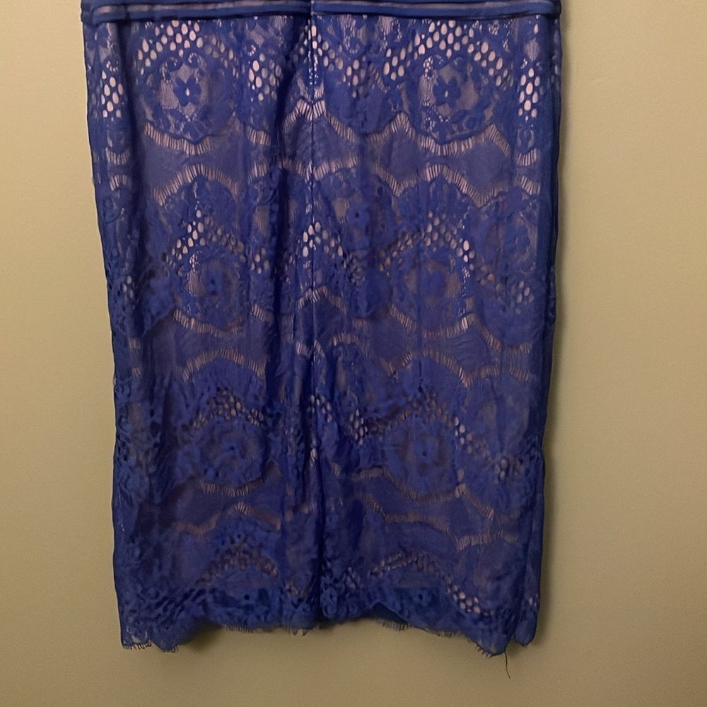 Tadashi Shoji Blue Chantilly Lace Sheath Boatneck Dress Sz 10P wedding Cocktail - Picture 8 of 9